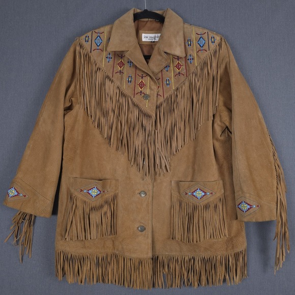 Lew Magram Jackets & Blazers - Lew Magram Western Jacket Womens XL Brown Suede Leather Embroidered Fringe Aztec